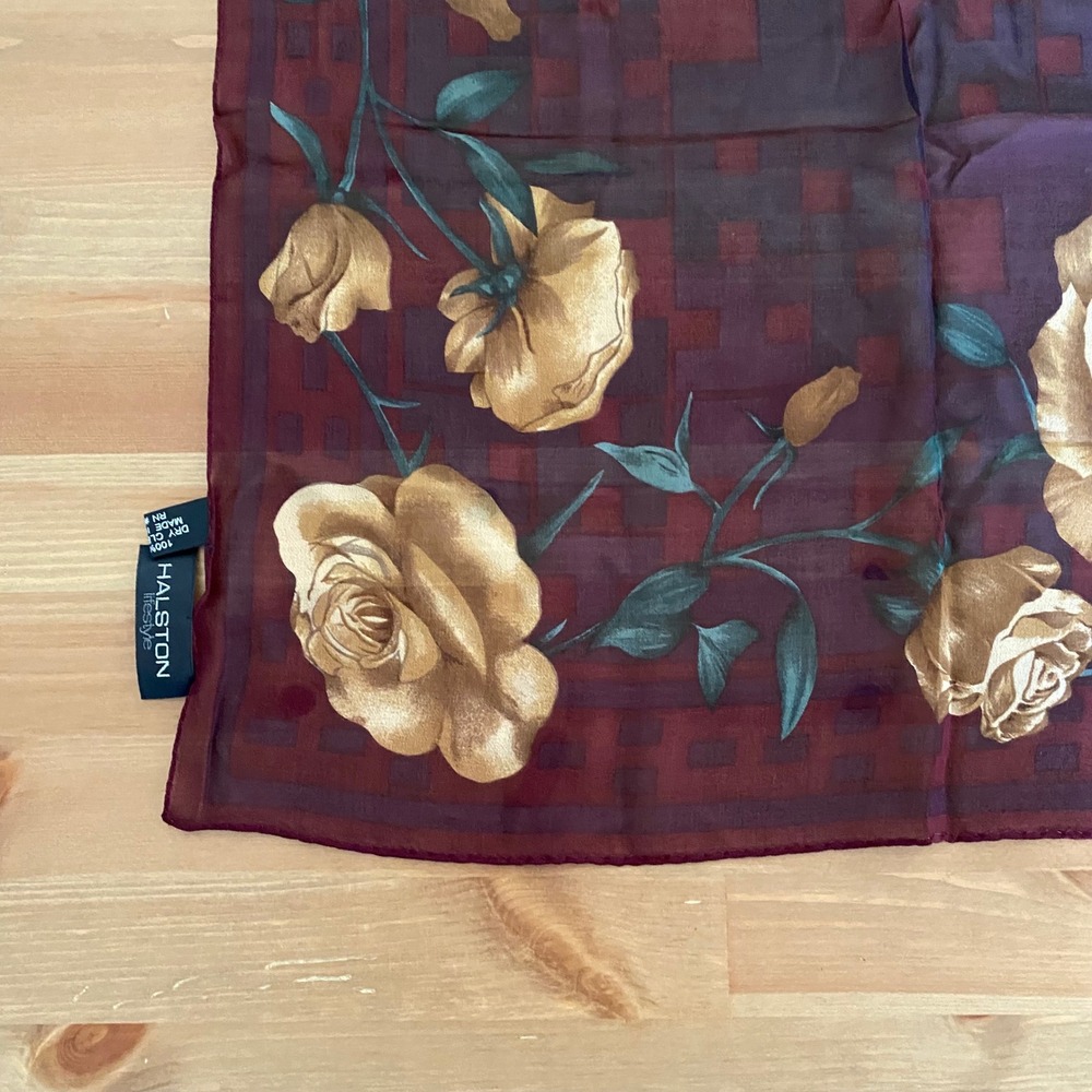 VTG Halston Lifestyle Burgundy Gold Rose Floral Silk Square Scarf - Picture 8 of 11